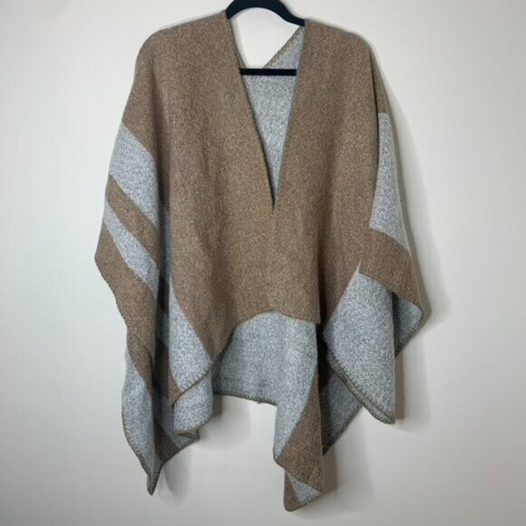 Women's Blanket Shawl Wrap Poncho Open Front Cape Brown Grey Fall Neutral - Picture 4 of 16